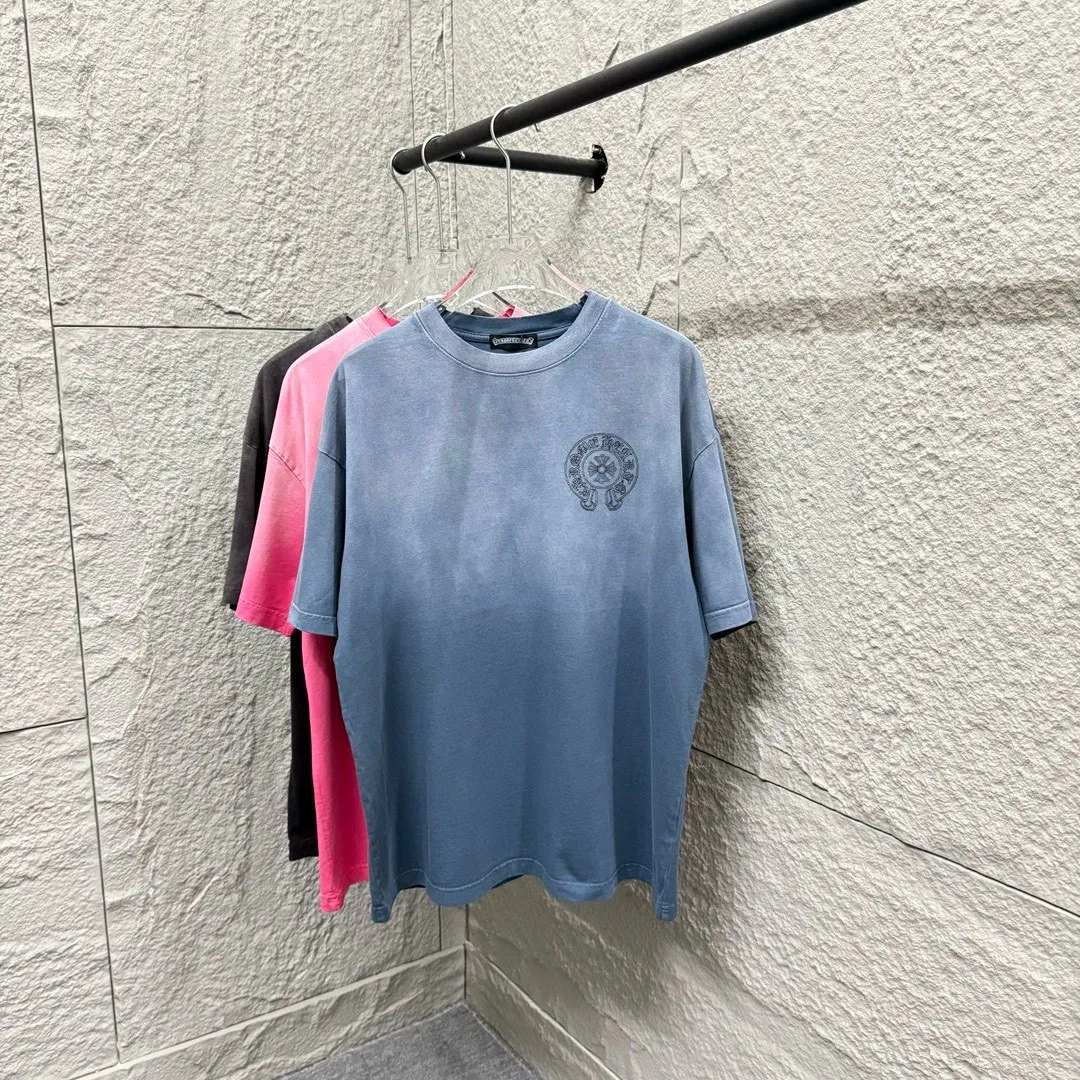 🅿️200 CH Croix Heart 2025 Summer New Style Heavy Acid Washing Gradient Distressing Chest Logo Classic Embroidery Customized Fabric Short Sleeve T-shirt Unisex Size: S M L